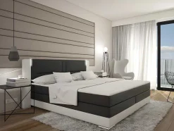 Conjunto Boxspring Completo Cabeceira Com Leds + Sommiers + Colchão + Sobrecolchão Asti De Ysmee - 180 X 200 Cm - Pele Sintética - Branco E Cinza