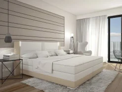 Conjunto Boxspring Completo - Cabeceira Com Leds + Sommiers + Colchão + Sobrecolchão Asti - 160X 200 Cm - Pele Sintética - Creme E Branco