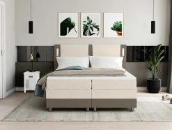 Conjunto Boxspring Completo Cabeceira De Cama Com Leds + Sommiers + Colchão + Sobrecolchão Rimini Da Ysmee De 160 X 200 Cm Em Tecido E Pele Sintética Cor Bege E Cor Creme