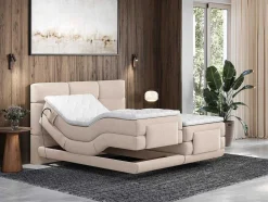 Conjunto Completo Boxspring, Cabeceira De Cama Acolchoada + Sommiers Articulados Eletricos + Colchão + Sobrecolchão 2X90X200 Cm Tecido Bege - Lodi Da Palacio