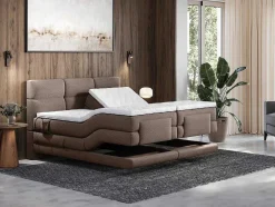 Conjunto Completo Boxspring Cabeceira De Cama Acolchoada + Sommiers Articulados Eletricos + Colchão + Sobrecolchão 2X80X200 Cm Tecido Castanho - Lodi De Palacio