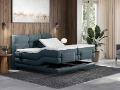 Conjunto Completo Boxspring Cabeceira De Cama Acolchoada + Sommiers Articulados Eletricos + Colchão + Sobrecolchão 2X80X200 Cm Tecido Azul - Lodi De Palacio