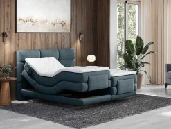 Conjunto Completo Boxspring Cabeceira De Cama Acolchoada + Sommiers Articulados Eletricos + Colchão + Sobrecolchão 2X80X200 Cm Tecido Azul - Lodi De Palacio