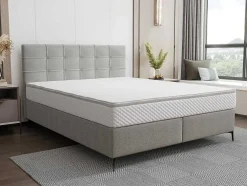 Conjunto Completo Boxspring Com Cabeceira Estofada + Sommier + Colchão + Sobrecolchão 180 X 200 Cm Tecido Cinza-Claro - Inao De Ysmee