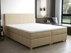Conjunto Completo Boxspring Com Cabeceira + Sommier + Colchão + Sobrecolchão 180 X 200 Cm Tecido Bege - Onan De Ysmee