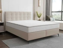 Conjunto Completo Boxspring Com Cabeceira Estofada + Sommier + Colchão + Sobrecolchão 160 X 200 Cm Tecido Bege - Inao De Ysmee