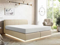 Conjunto Completo Boxspring Cabeceira De Cama + Sommier Com Leds + Colchão 180X200 Cm Tecido Bege - Otaru De Ysmee