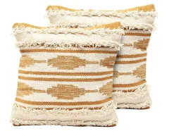 Conjunto De 2 Almofadas Com Franjas Em Algodao De 40 X 40 Cm Cor Amarelo E Bege - Karius
