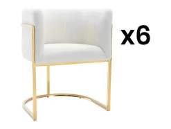 Conjunto De 6 Cadeiras Com Apoios De Bracos Tecido Boucle E Aco Inoxidavel Branco E Dourado - Peria De Pascal Morabito