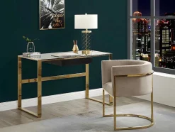 Conjunto De 6 Cadeiras Com Apoios De Bracos, Veludo E Aco Inoxidavel, Bege E Dourado - Peria De Pascal Morabito