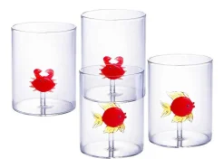 Conjunto De 4 Copos Animais, Vidro Soprado Transparente E Vermelho D7,5 X A9,5 Cm - Apuna