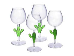 Conjunto De 4 Copos De Vinho Com Pés Cacto Transparente E Verde D8,5 X A19,5 Cm - Gellif