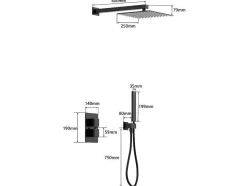 Conjunto De Duche Encastravel Com Torneira Misturadora Termostatica E Suporte De Parede Fixo Preto Mate - Terek