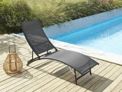 Conjunto De 2 Espreguiçadeiras Empilhaveis Em Aluminio E Têxtileno Preto - Zensia