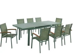 Conjunto De Jantar De Jardim Em Aluminio, Uma Mesa Extensivel 180/240 Cm E 8 Cadeiroes Empilhaveis Com Apoios De Braco Em Acacia Verde-Amendoa - Nauru