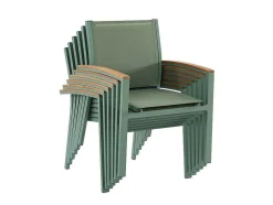 Conjunto De Jantar De Jardim Em Aluminio, Mesa Extensivel 180/240Cm, 6 Cadeiroes Empilhaveis Com Apoios De Bracos Em Acacia Verde-Amendoa - Nauru