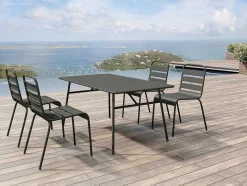 Conjunto De Jantar De Jardim Em Metal, Uma Mesa C. 160 Cm E 4 Cadeiras Empilhaveis, Cinzento-Escuro - Mirmande
