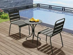 Conjunto De Jantar De Jardim Em Metal, Uma Mesa D. 60 Cm E 2 Cadeiras Empilhaveis, Cinzento-Escuro - Mirmande
