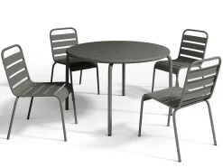 Conjunto De Jantar De Jardim Em Metal, Uma Mesa D. 110 Cm E 4 Cadeiras Empilhaveis, Cinzento-Escuro - Mirmande