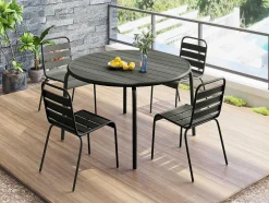 Conjunto De Jantar De Jardim Em Metal, Uma Mesa D. 110 Cm E 4 Cadeiras Empilhaveis, Cinzento-Escuro - Mirmande