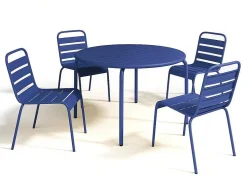 Conjunto De Jantar De Jardim Em Metal, Uma Mesa D. 110 Cm E 4 Cadeiras Empilhaveis Azul-Escuro - Mirmande
