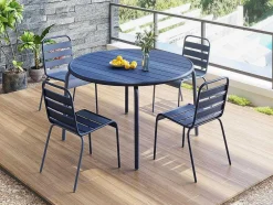 Conjunto De Jantar De Jardim Em Metal, Uma Mesa D. 110 Cm E 4 Cadeiras Empilhaveis Azul-Escuro - Mirmande