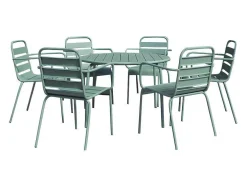 Conjunto De Jantar De Jardim Metal, Uma Mesa Redonda D.130 Cm E 6 Cadeiroes Empilhaveis Verde Amendoa - Mirmande De Mylia