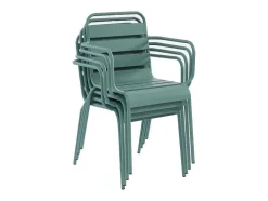 Conjunto De Jantar De Jardim Metal, Uma Mesa Redonda D.130 Cm E 6 Cadeiroes Empilhaveis Verde Amendoa - Mirmande De Mylia