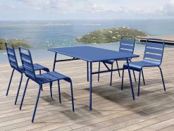 Conjunto De Jardim De Jardim Em Metal, Uma Mesa C. 160 Cm E 4 Cadeiras Empilhaveis Azul-Escuro - Mirmande
