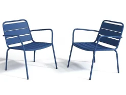 Conjunto De Jardim Em Metal, 2 Cadeiroes Baixos Empilhaveis E Mesas De Encaixar, Azul-Escuro - Mirmande