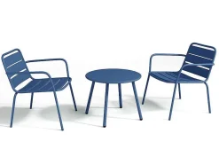 Conjunto De Jardim Em Metal, 2 Cadeiroes Baixos Empilhaveis E Uma Mesa De Apoio, Azul-Escuro - Mirmande