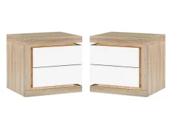 Conjunto De 2 Mesas De Cabeceira Com 2 Gavetas, Com Leds, Lacado A Branco E Natural - Flarancia