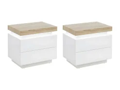 Conjunto De 2 Mesas De Cabeceira Com 2 Gavetas Mdf Lacado, Leds, Cor Branco E Carvalho - Halo Ii