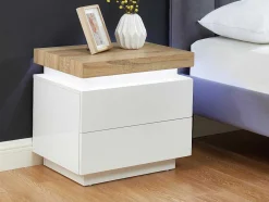 Conjunto De 2 Mesas De Cabeceira Com 2 Gavetas Mdf Lacado, Leds, Cor Branco E Carvalho - Halo Ii