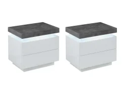 Conjunto De 2 Mesas De Cabeceira Com 2 Gavetas Mdf Lacado, Leds, Cor Branco E Cinzento-Cimento - Halo Ii