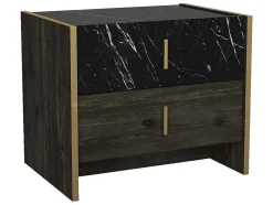 Conjunto De 2 Mesas De Cabeceira, 2 Gavetas, Efeito Marmore Preto, Natural E Dourado - Cabeda