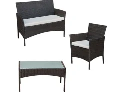 Conjunto De Moveis De Jardim Corfou Em Resina Tecida Castanha - 4 Lugares - Almofadas Bege