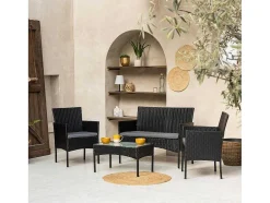 Conjunto De Moveis De Jardim Corfou Em Resina Tecida Preta 4 Lugares - Almofadas Cinzentas