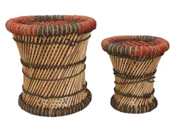 Conjunto De 2 Pufes Redondos Em Rotim Natural Claro E Vermelho - Mirtaka