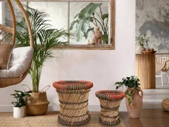 Conjunto De 2 Pufes Redondos Em Rotim Natural Claro E Vermelho - Mirtaka
