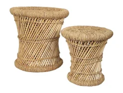 Conjunto De 2 Pufes Redondos Em Rotim Natural Claro - Mirtaka