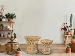 Conjunto De 2 Pufes Redondos Em Rotim Natural Claro - Mirtaka