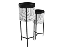 Conjunto De 2 Vasos De Ornamentacao Com Suporte Em Metal D. 20 X A. 53 Cm E D. 25 X A. 69 Cm Preto E Branco - Capoli