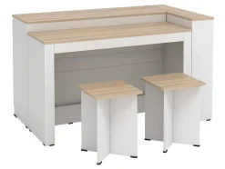 Conjunto Ilha Central De Cozinha + 2 Bancos Altos, Branco E Natural Claro - Nusice