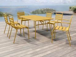 Conjunto Sala De Jantar De Jardim Metal, Uma Mesa C160 Cm Com 2 Cadeiroes Empilhaveis E 4 Cadeiras Empilhaveis Amarelo Mostarda - Mirmande De Mylia