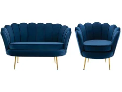 Conjunto Sofá De 2 Lugares E Poltrona Concha Em Veludo Azul-Escuro Dandelion