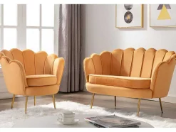Conjunto Sofá De 2 Lugares E Poltrona Concha Em Veludo Amarelo-Mostarda Dandelion