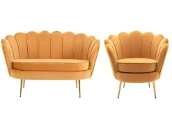 Conjunto Sofá De 2 Lugares E Poltrona Concha Em Veludo Amarelo-Mostarda Dandelion