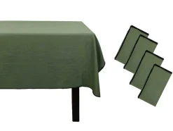 Conjunto Toalha + 4 Guardanapos De Mesa Em Linho E Algodao, Borda Preta, Caqui, 170 X 300 Cm - Borina