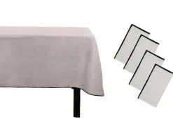 Conjunto Toalha + 4 Guardanapos De Mesa Em Linho E Algodao, Borda Preta, Taupe, 170 X 250 Cm - Borina